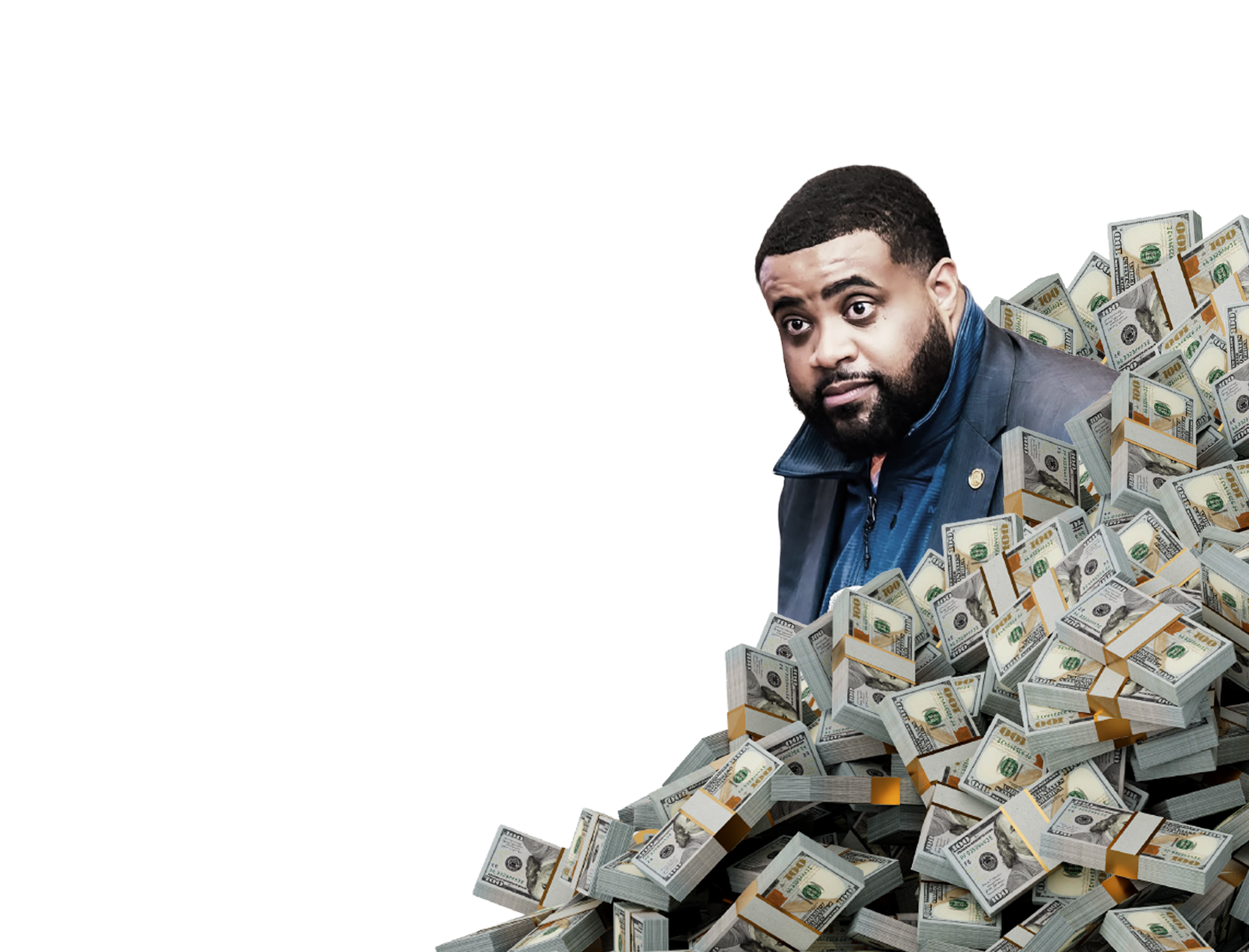Donavan McKinney emerging from a pile of cash